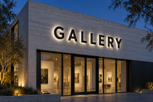 Reverse lit channel letters spelling GALLERY above an art gallery entrance at dusk
