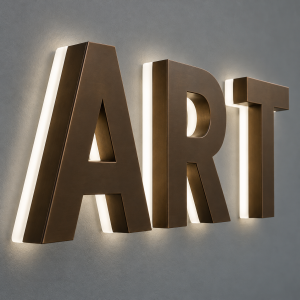 Bronze reverse lit channel letters spelling ART with a halo glow on the wall