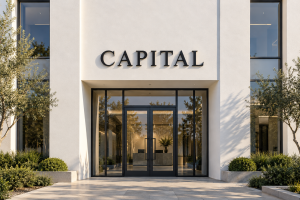 Halo lit channel letters spelling CAPITAL above an office entrance by day