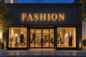 Gold halo lit channel letters spelling FASHION above a clothing boutique at night