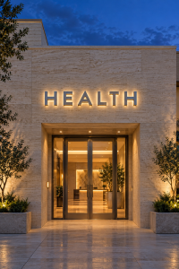 Halo lit channel letters spelling HEALTH above a building entrance at dusk