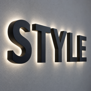 Black halo lit channel letters spelling STYLE with a warm glow on the wall
