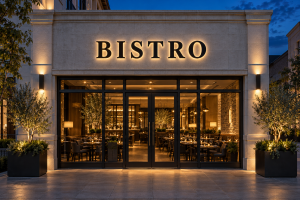 Back lit channel letters spelling BISTRO above a restaurant entrance at dusk