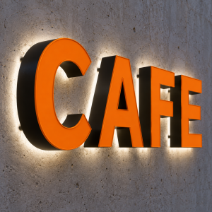 Orange back lit channel letters spelling CAFE with a glow on a concrete wall