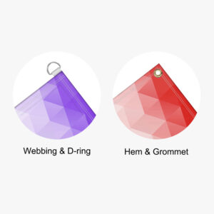 Backlit banner finishing options: webbing with D-rings, and hem with grommets