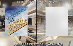 PVC popup poster in a store window, front and back views; the material is not self-adhesive