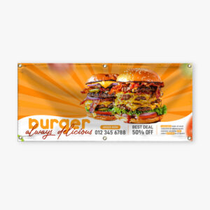 13oz vinyl banner printed with a burger restaurant ad and grommets in each corner