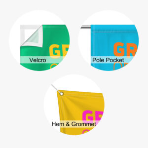 Fabric banner finishing options: Velcro, pole pocket, and hem with grommets