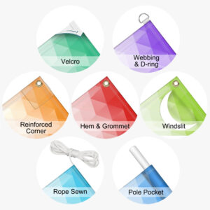 Banner finishing options: Velcro, webbing and D-rings, reinforced corners, hems, grommets, wind slits, rope and pole pockets