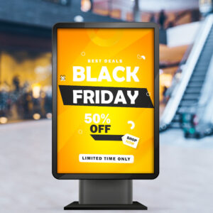 Black Friday backlit film print glowing in a freestanding mall light box