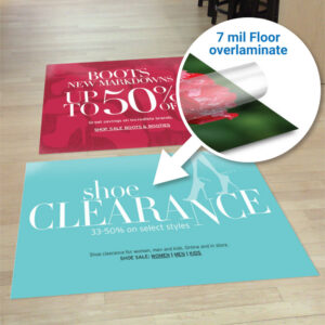 Shoe sale floor graphics with a close-up of the 7 mil floor laminate