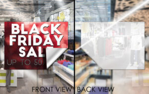 Black Friday window cling seen from the front and from behind the glass