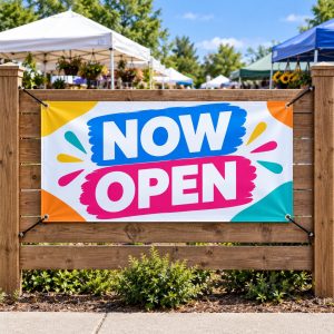 Now open vinyl banner tied to a wood fence at an outdoor market