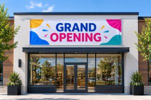 Grand opening vinyl banner hung across a storefront entrance