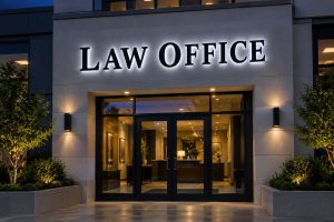 Back lit channel letters spelling LAW OFFICE with a soft glow on the wall at dusk