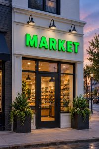 Green front lit channel letters spelling MARKET on a storefront at dusk