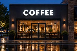 White front lit channel letters spelling COFFEE above a coffee shop at night