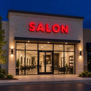 Red front lit channel letters spelling SALON above a salon entrance at night