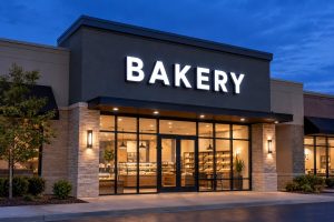 White front lit channel letters spelling BAKERY on a bakery storefront at dusk
