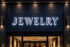 Halo lit channel letters spelling JEWELRY above a jewelry store at night