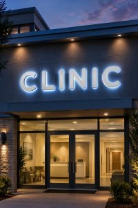 Reverse lit halo channel letters spelling CLINIC above a clinic entrance at dusk