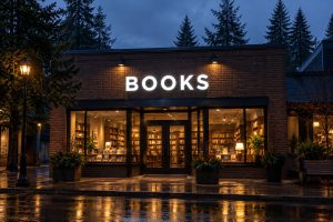 White front lit channel letters spelling BOOKS above a bookstore at night