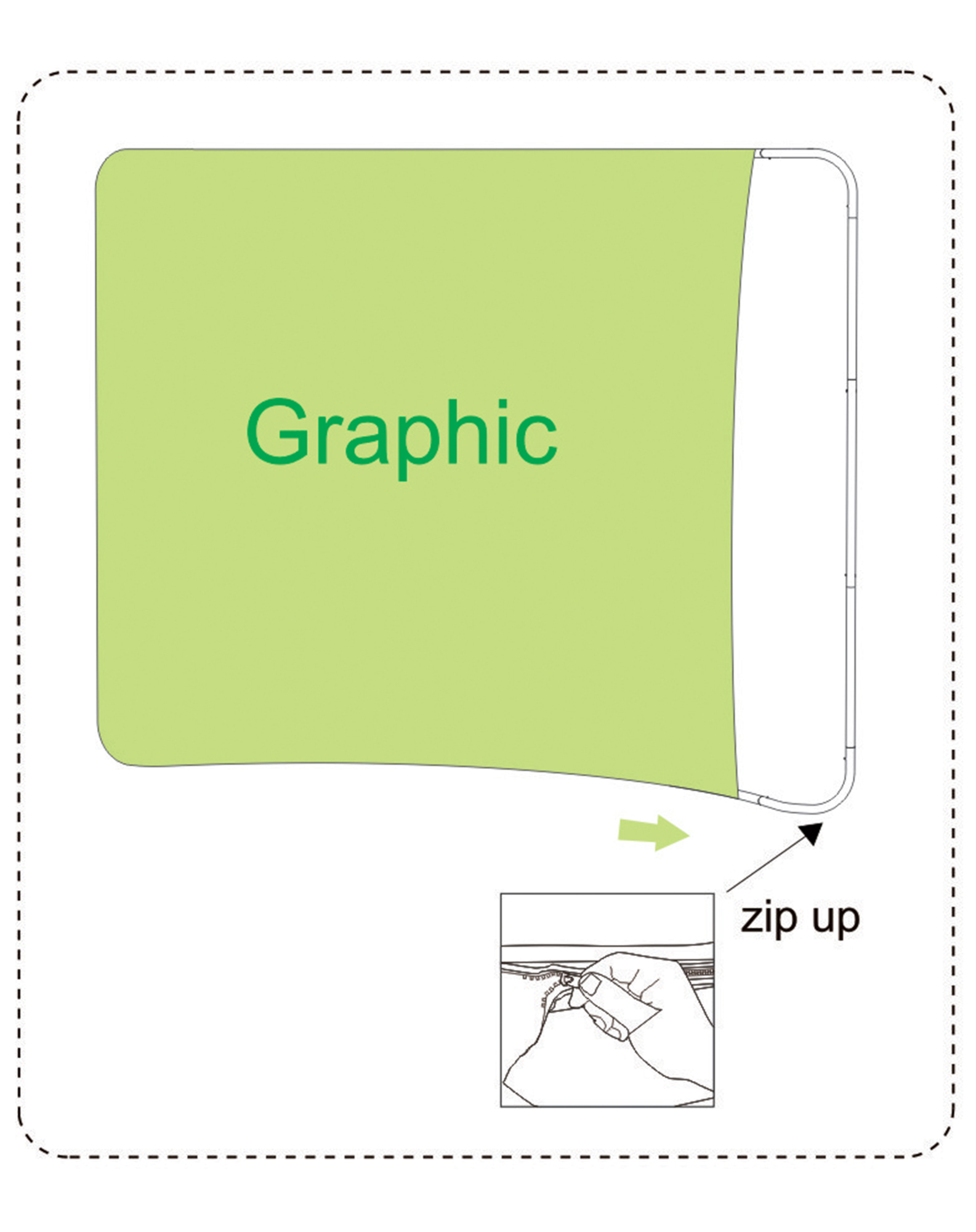 Curved tension fabric display installation step 2: wrap the graphic over the frame and zip it up