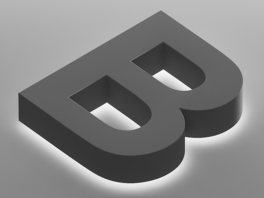 Front view of a halo lit channel letter with a solid stainless steel face