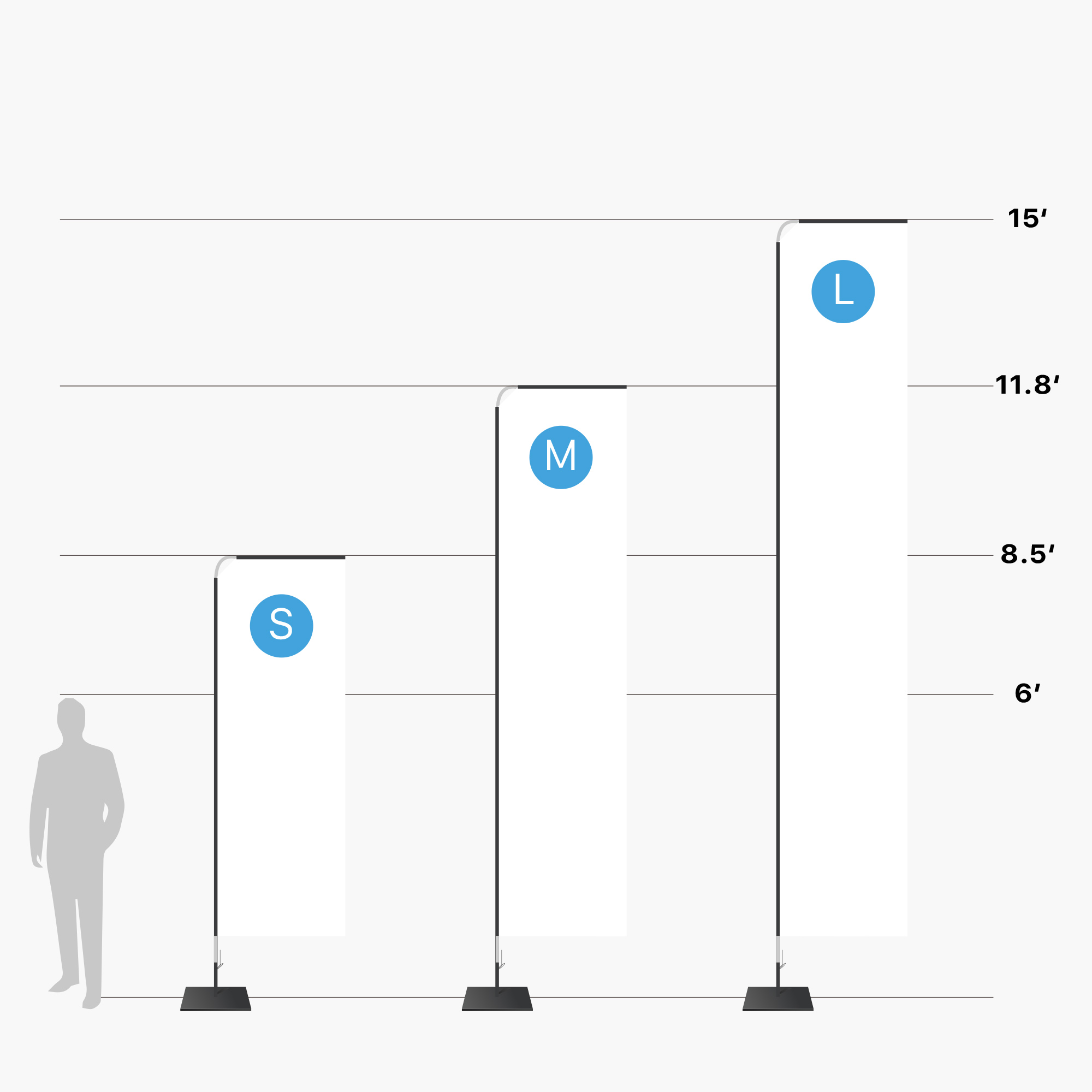Rectangle flag size chart: small, medium and large heights