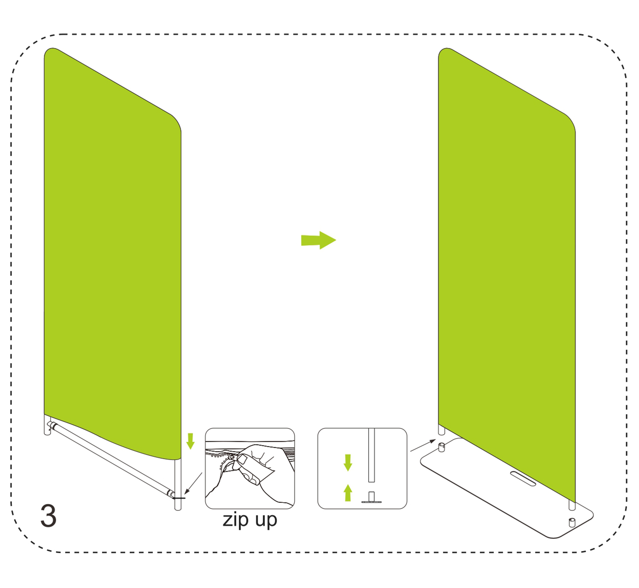 Tension fabric stand installation step 3: zip the fabric graphic over the frame and attach the base
